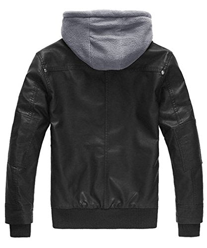 Wantdo Men's Leather Jacket with Removable Hood - -