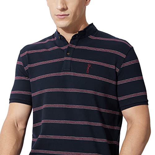 Fahrenheit Men's Casual Regular Fit Poly Cotton Striper Stand-Up Collar Polo T-Shirt (M, Navy)