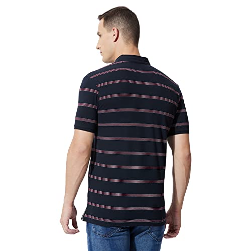 Fahrenheit Men's Casual Regular Fit Poly Cotton Striper Stand-Up Collar Polo T-Shirt (M, Navy)