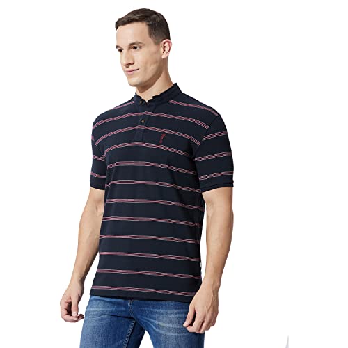 Fahrenheit Men's Casual Regular Fit Poly Cotton Striper Stand-Up Collar Polo T-Shirt (M, Navy)
