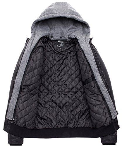 Wantdo Men's Leather Jacket with Removable Hood - -