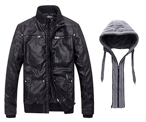 Wantdo Men's Leather Jacket with Removable Hood - -