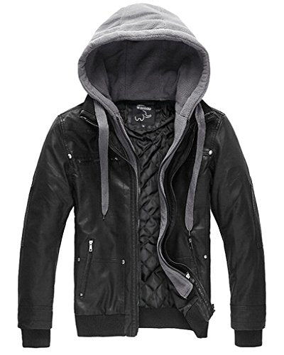 Wantdo Men's Leather Jacket with Removable Hood - -