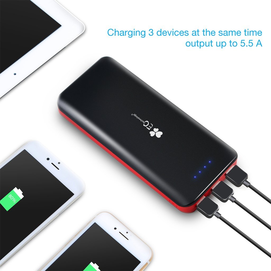 EC Technology 22400mAh Power Bank Ultra High Capacity External Battery 3 USB Output(5.5A) Powerbank Dual Input Port (4A) Portable Charger for iPhone, iPad, Samsung, Nexus and More, Black and Red