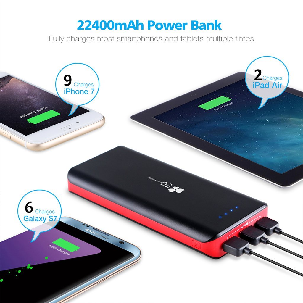EC Technology 22400mAh Power Bank Ultra High Capacity External Battery 3 USB Output(5.5A) Powerbank Dual Input Port (4A) Portable Charger for iPhone, iPad, Samsung, Nexus and More, Black and Red