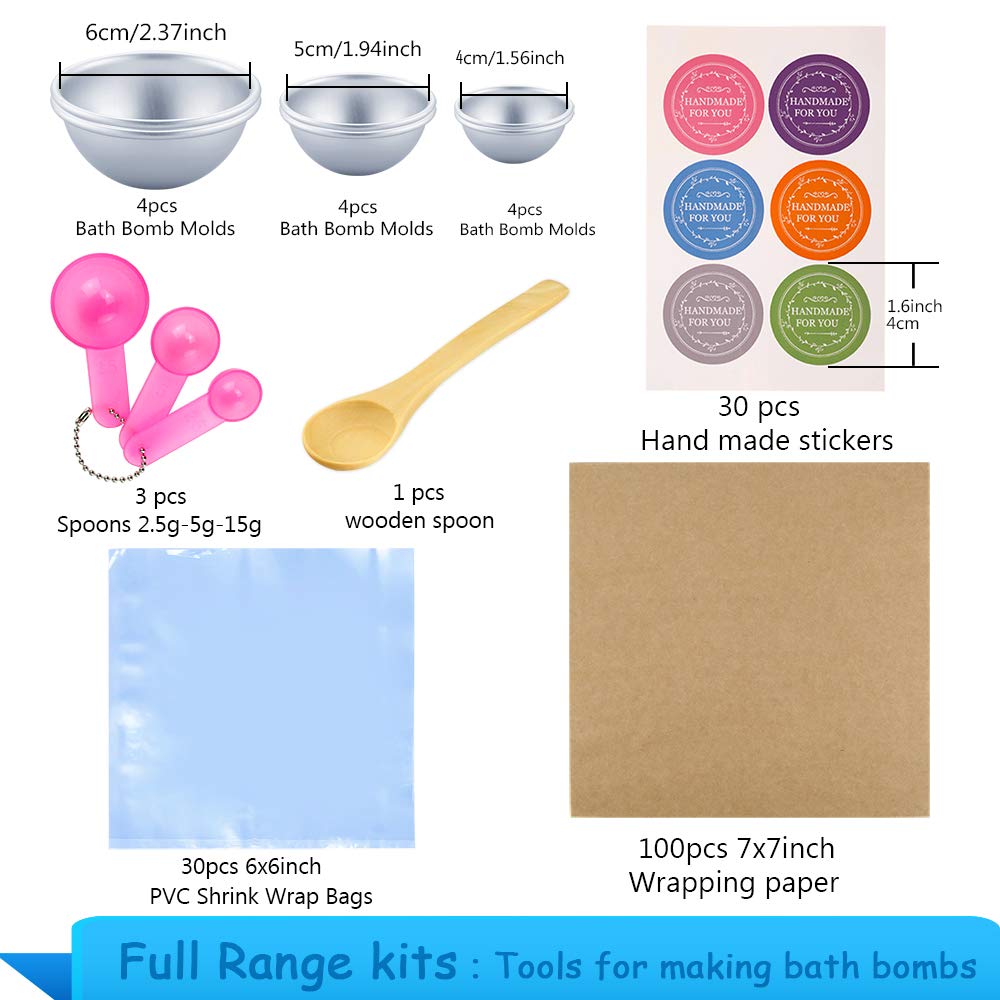 Caydo 176 Pieces DIY Bath Bomb Molds Set with Instructions Including 12 Pieces 3 Size DIY Metal Bath Bomb Molds Spoons Wrapping papers Shrink Wrap Bags for Crafting Your Own Fizzies