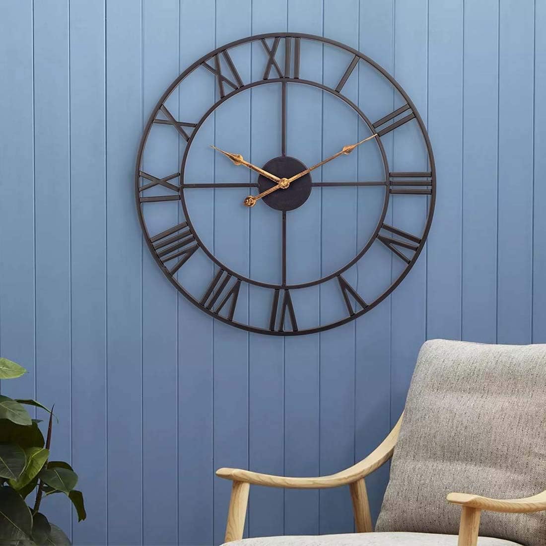 60cm Large Home Decor Wall Clock for Living Room Non Ticking Iron Art Clocks Roman Numeral,Retro Distressed Metal,Oversized (60cm, Black)