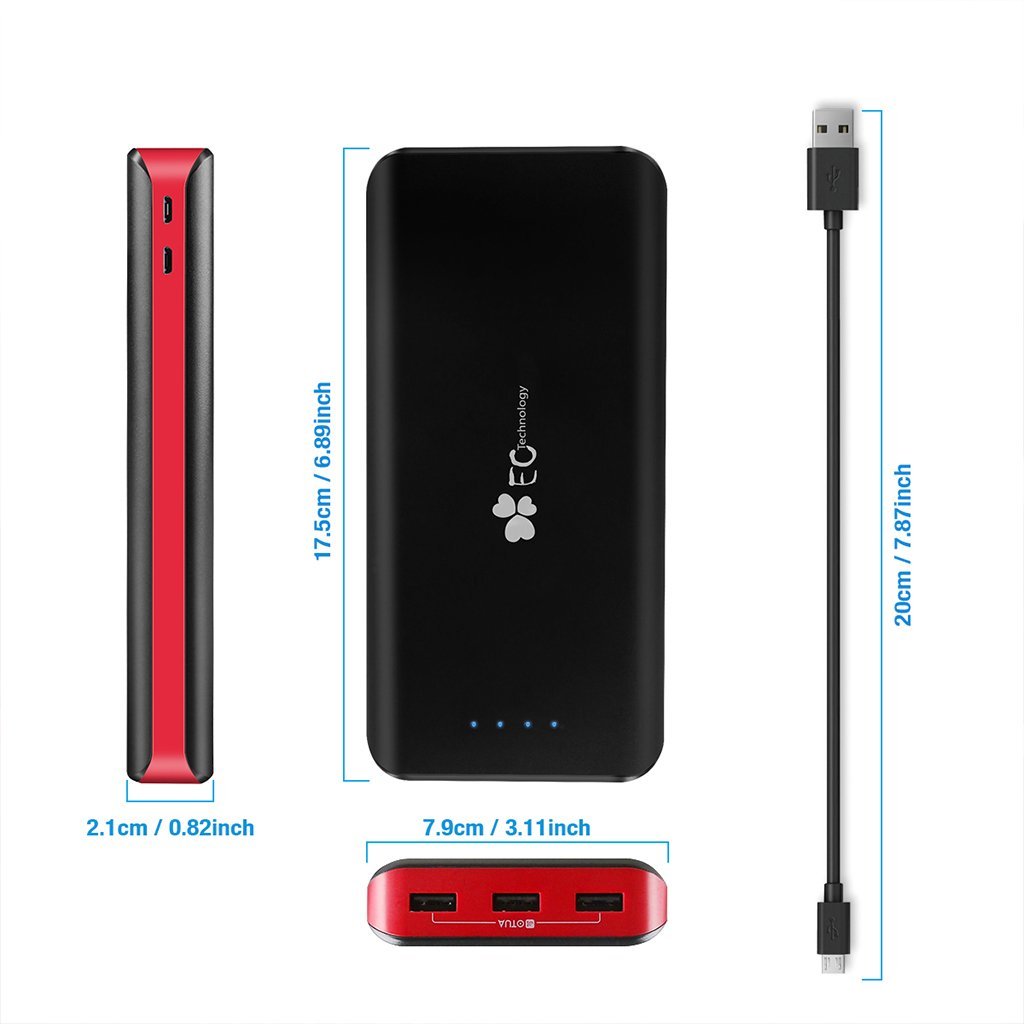 EC Technology 22400mAh Power Bank Ultra High Capacity External Battery 3 USB Output(5.5A) Powerbank Dual Input Port (4A) Portable Charger for iPhone, iPad, Samsung, Nexus and More, Black and Red