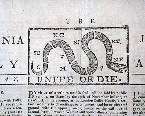 Famous UNITE OR DIE Benjamin Franklin CARTOON Print 1774 Philadelphia Newspaper