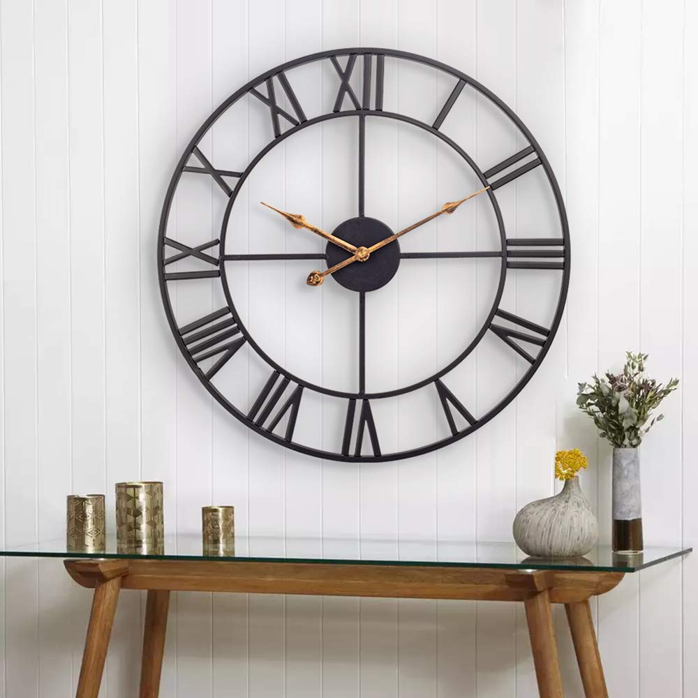 60cm Large Home Decor Wall Clock for Living Room Non Ticking Iron Art Clocks Roman Numeral,Retro Distressed Metal,Oversized (60cm, Black)