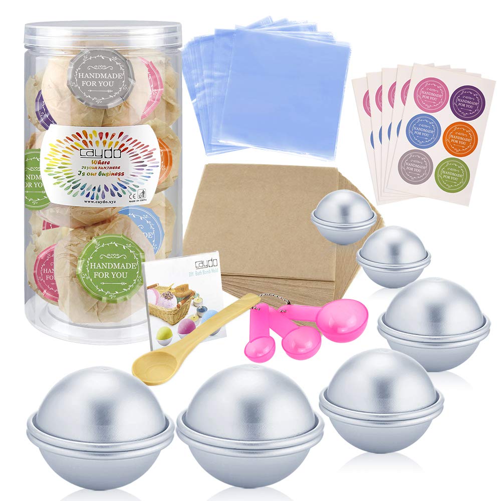 Caydo 176 Pieces DIY Bath Bomb Molds Set with Instructions Including 12 Pieces 3 Size DIY Metal Bath Bomb Molds Spoons Wrapping papers Shrink Wrap Bags for Crafting Your Own Fizzies