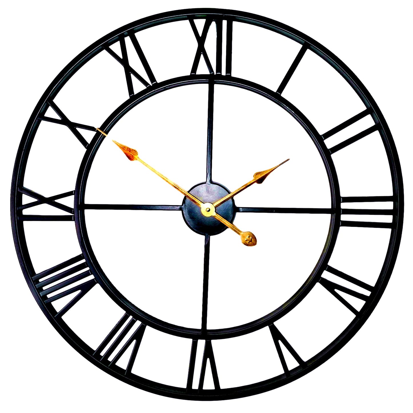 60cm Large Home Decor Wall Clock for Living Room Non Ticking Iron Art Clocks Roman Numeral,Retro Distressed Metal,Oversized (60cm, Black)