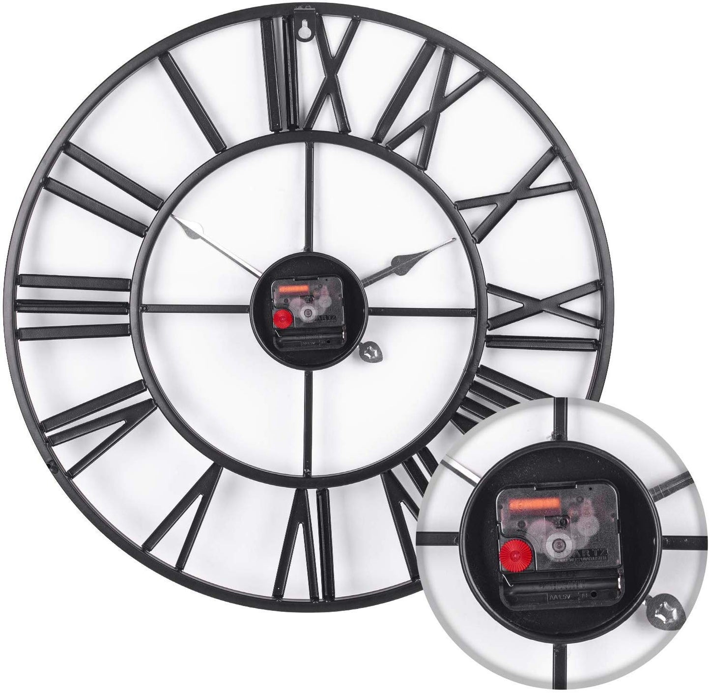60cm Large Home Decor Wall Clock for Living Room Non Ticking Iron Art Clocks Roman Numeral,Retro Distressed Metal,Oversized (60cm, Black)