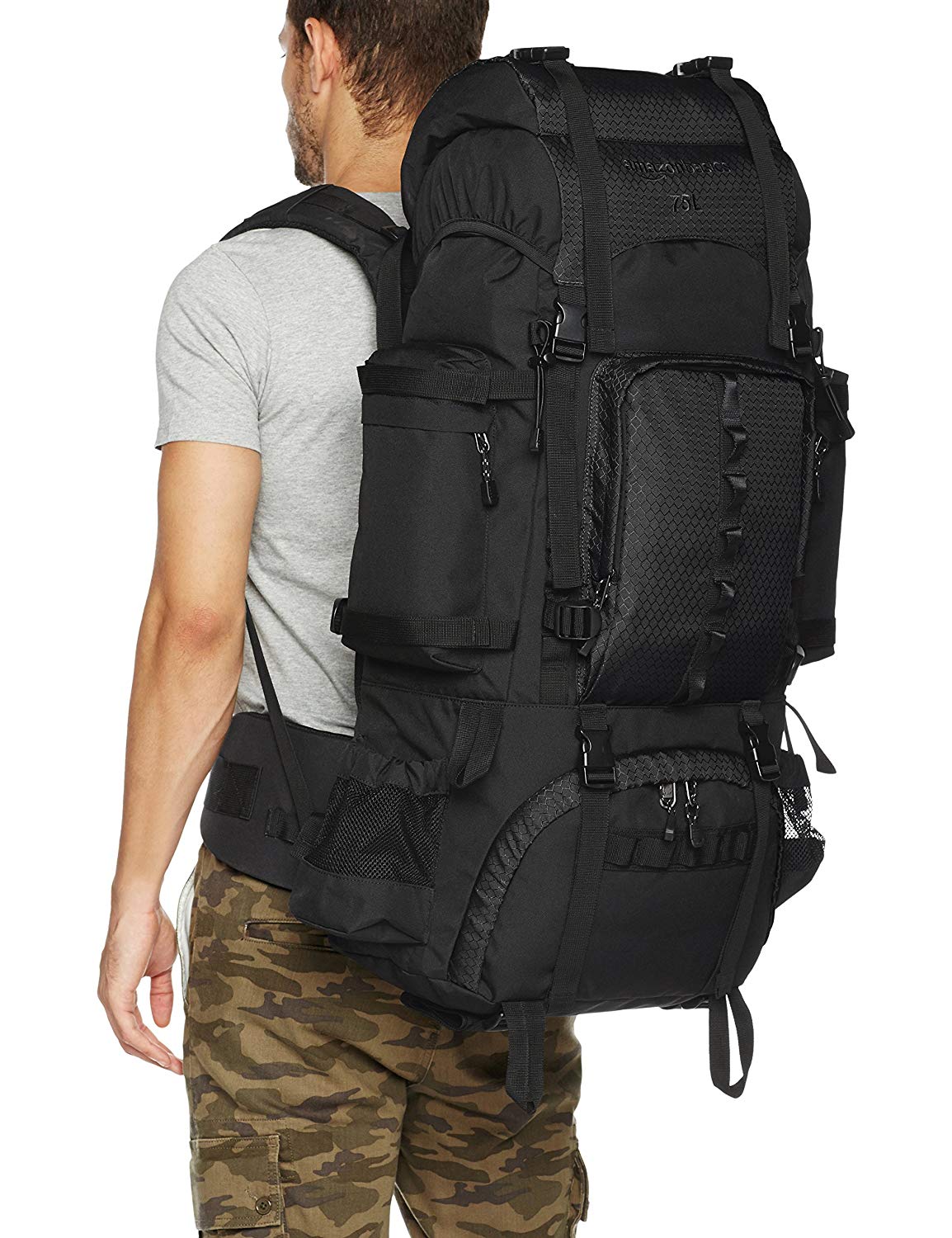 AmazonBasics Sac à dos de randonnée à armature intérieure avec housse de pluie, 75 L, Noir