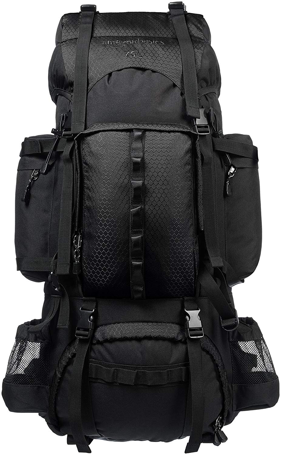 AmazonBasics Sac à dos de randonnée à armature intérieure avec housse de pluie, 75 L, Noir