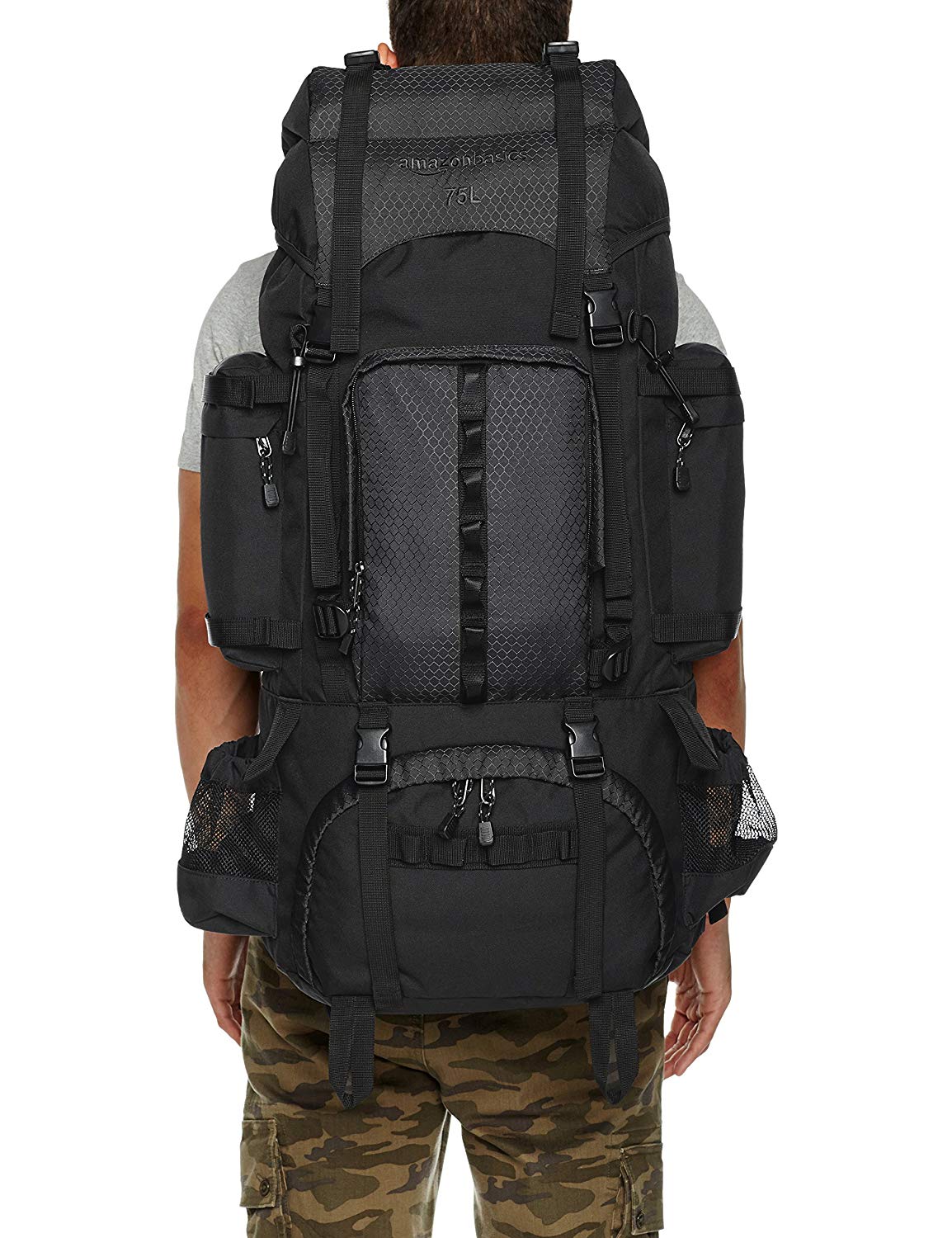AmazonBasics Sac à dos de randonnée à armature intérieure avec housse de pluie, 75 L, Noir