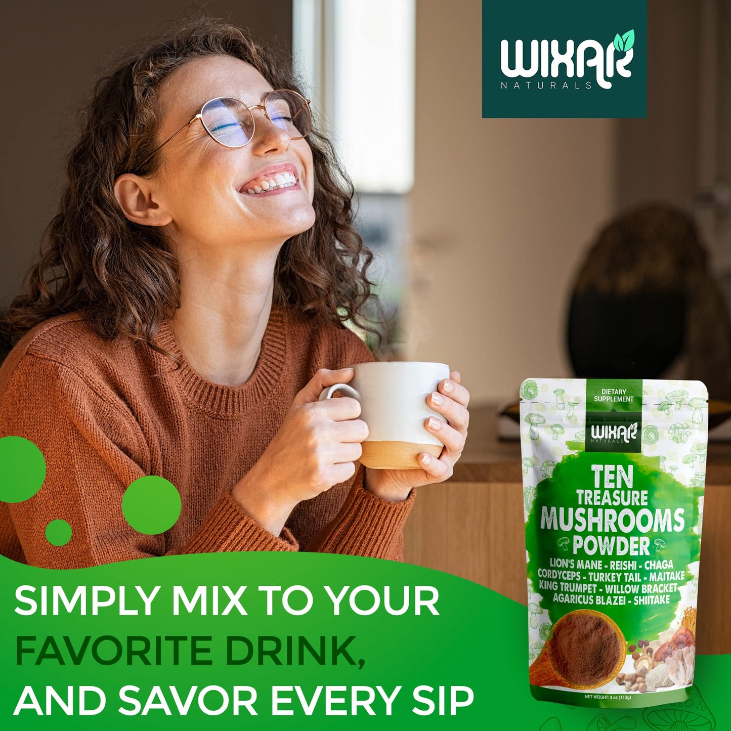 Wixar Mushroom Powder - Ten Treasure Mushrooms Extract Supplement Blend for Coffee & Smoothies - Lions Mane, Turkey Tail, Reishi, Chaga, Shiitake, Cordyceps, Complex - 4oz Mushroom Supplement