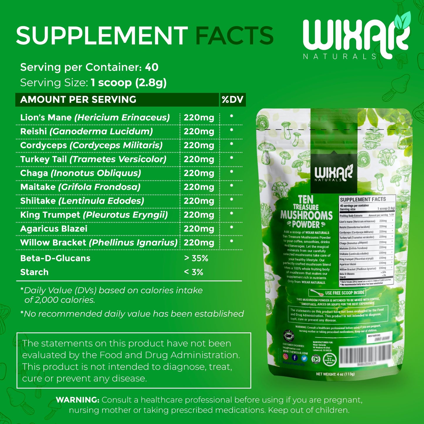 Wixar Mushroom Powder - Ten Treasure Mushrooms Extract Supplement Blend for Coffee & Smoothies - Lions Mane, Turkey Tail, Reishi, Chaga, Shiitake, Cordyceps, Complex - 4oz Mushroom Supplement