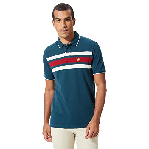 Fahrenheit Men's Casual Regular Fit Poly Cotton Pique Chest Stripe Polo T-Shirt (L, Tide Water)
