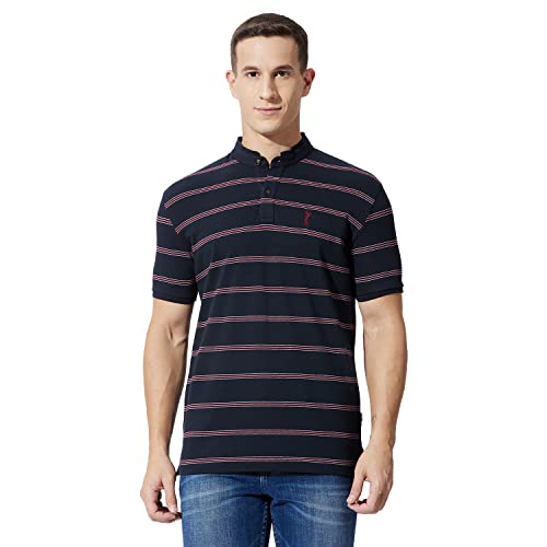 Fahrenheit Men's Casual Regular Fit Poly Cotton Striper Stand-Up Collar Polo T-Shirt (M, Navy)