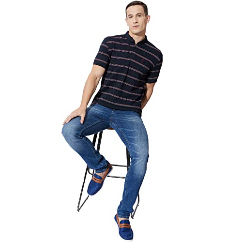 Fahrenheit Men's Casual Regular Fit Poly Cotton Striper Stand-Up Collar Polo T-Shirt (M, Navy)