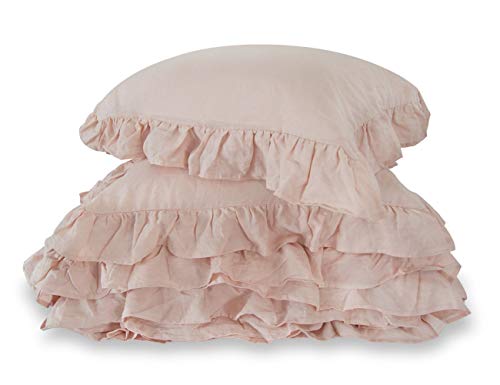 meadow park Stone Washed French Linen Duvet Cover Set 3 Pieces- Super Soft, Queen Size 90" x 94" - Shams 20" x 26", Ruffled Style - Button Closure - Corner Ties, Pale Pink Color