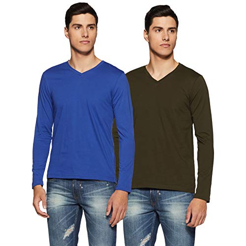 Amazon Brand - Symbol Men's Cotton T-Shirt (Pack of 2) (AW18ALK6PO2C_Blue Md Melange + Khaki_M)
