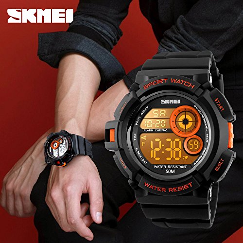 Mens Multi Function Digital Alarm Stopwatch LED Backlight Quartz Watches 50M Waterproof Electronic Sports Watch Orange