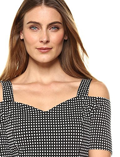 Lark & Ro Women's Short Cold Shoulder Dress With Bardot Neck Line, Black/White Jacquard Knit, Large