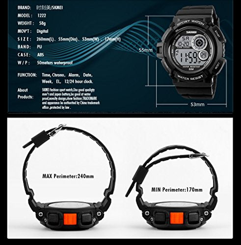 Mens Multi Function Digital Alarm Stopwatch LED Backlight Quartz Watches 50M Waterproof Electronic Sports Watch Orange