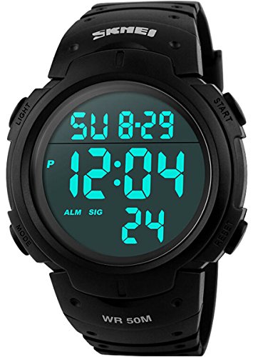 Men's Digital Sports Watch LED Screen Large Face Military Watches and Waterproof Casual Luminous Stopwatch Alarm Simple Army Watch - Black