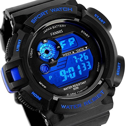 Fanmis Mens Military Multifunction Digital LED Watch Electronic Waterproof Alarm Quartz Sports Watch Blue
