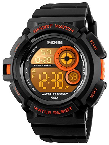 Mens Multi Function Digital Alarm Stopwatch LED Backlight Quartz Watches 50M Waterproof Electronic Sports Watch Orange