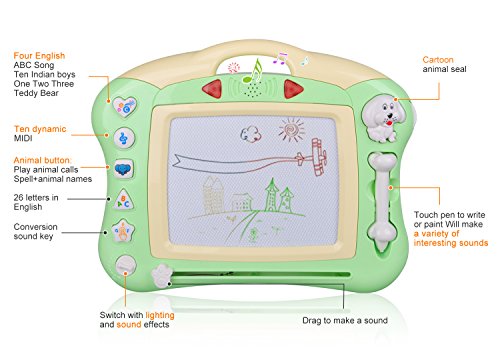 Meland Magnetic Drawing Board - Magna Drawing Doodle Board for Kids Toddlers with Light and Music (Green)