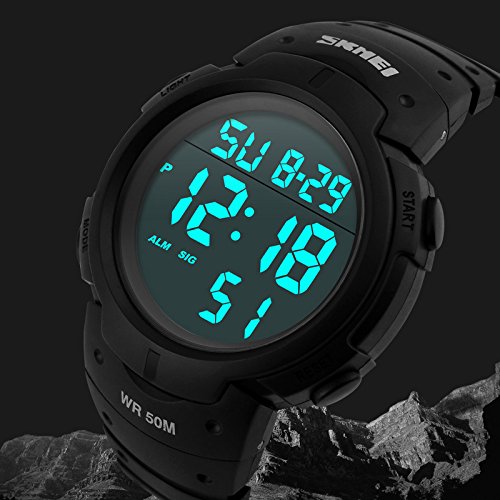 Men's Digital Sports Watch LED Screen Large Face Military Watches and Waterproof Casual Luminous Stopwatch Alarm Simple Army Watch - Black