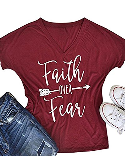 Feel Show Women's Casual Letters Printed T-Shirt Short Sleeves Faith Over Fear Arrow Tee Tops Blouse