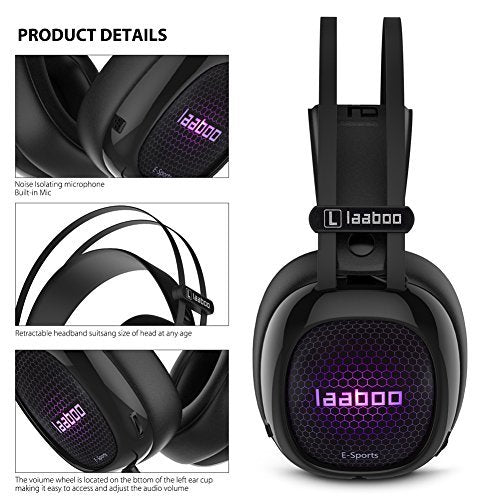 laaboo Stereo Gaming Headset for PS4,PC, Xbox One Controller, with Mic, Bass Surround,LED light,47-inches longPVC Large Diameter Mainline，Lightweight design A6(black).