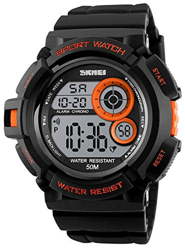 Mens Multi Function Digital Alarm Stopwatch LED Backlight Quartz Watches 50M Waterproof Electronic Sports Watch Orange