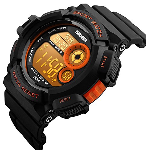 Mens Multi Function Digital Alarm Stopwatch LED Backlight Quartz Watches 50M Waterproof Electronic Sports Watch Orange