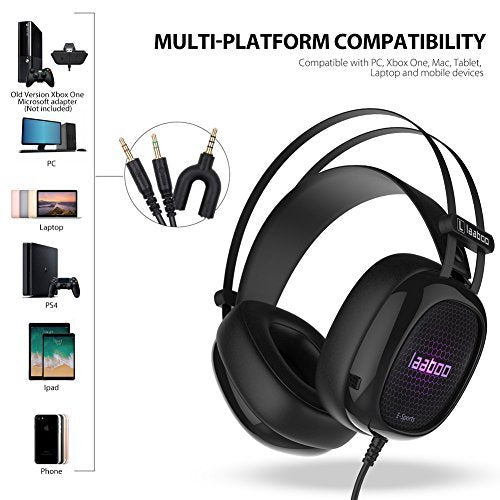 laaboo Stereo Gaming Headset for PS4,PC, Xbox One Controller, with Mic, Bass Surround,LED light,47-inches longPVC Large Diameter Mainline，Lightweight design A6(black).