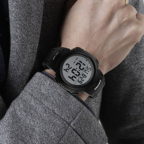 Men's Digital Sports Watch LED Screen Large Face Military Watches and Waterproof Casual Luminous Stopwatch Alarm Simple Army Watch - Black