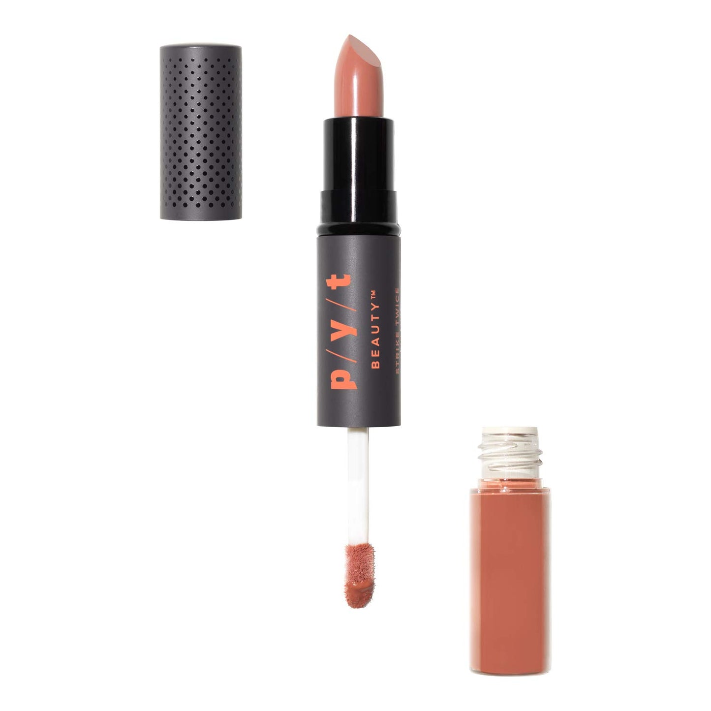 P/Y/T BEAUTY Strike Twice Lip Duo, Bare All, Peachy Nude, 2 in 1 Peachy Nude Lip Gloss and Matte Lipstick, Moisturizing, Long Lasting Lipstick and Lip Gloss, Hypoallergenic, Cruelty Free, 1 Count