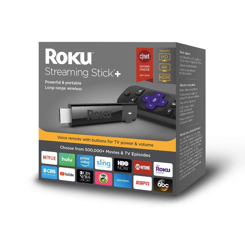 Roku Streaming Stick+ | HD/4K/HDR Streaming Device with Long-range Wireless and Voice Remote with TV Power and Volume