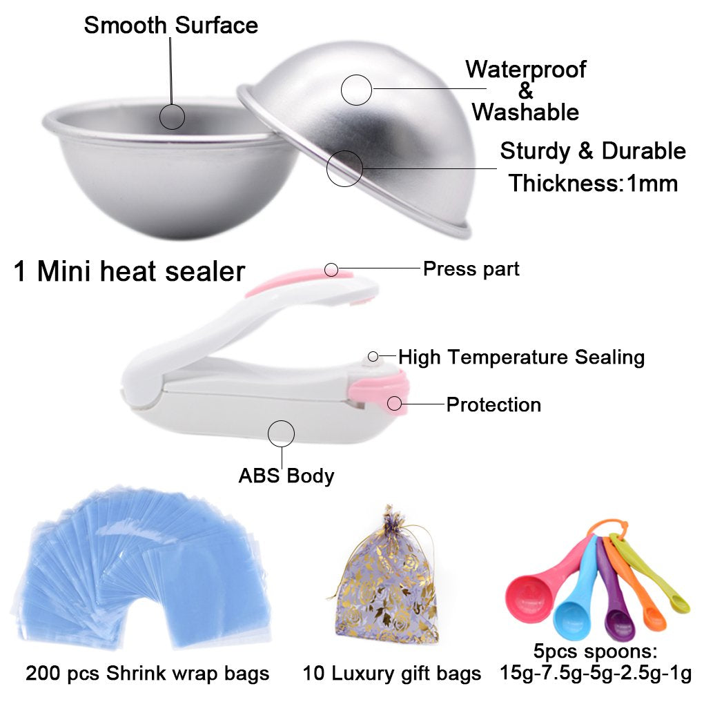 Bath Bomb Mold Set 228 Pieces - 200 Packs Shrink Wrap Bags12 Pieces of DIY Metal MouldSpoonsGift BagsMini Heat Sealer (Instruction Included)