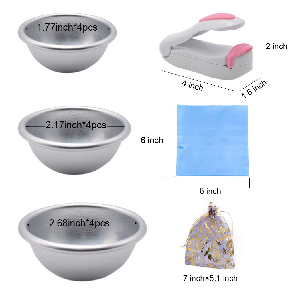 Bath Bomb Mold Set 228 Pieces - 200 Packs Shrink Wrap Bags12 Pieces of DIY Metal MouldSpoonsGift BagsMini Heat Sealer (Instruction Included)
