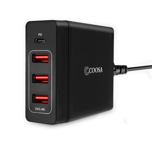 USB C Charger COOSA 4-Port 72W USB Wall Charger with Type-C Power Delivery PD Charger Station for 2017 MacBook Pro, Pixel 2/ Pixel/Pixel XL Galaxy Note 8/ S8/ S9 Plus (Black-4 Ports)