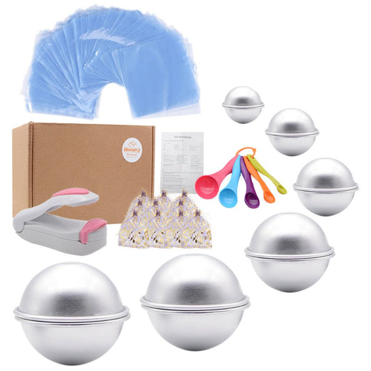 Bath Bomb Mold Set 228 Pieces - 200 Packs Shrink Wrap Bags12 Pieces of DIY Metal MouldSpoonsGift BagsMini Heat Sealer (Instruction Included)