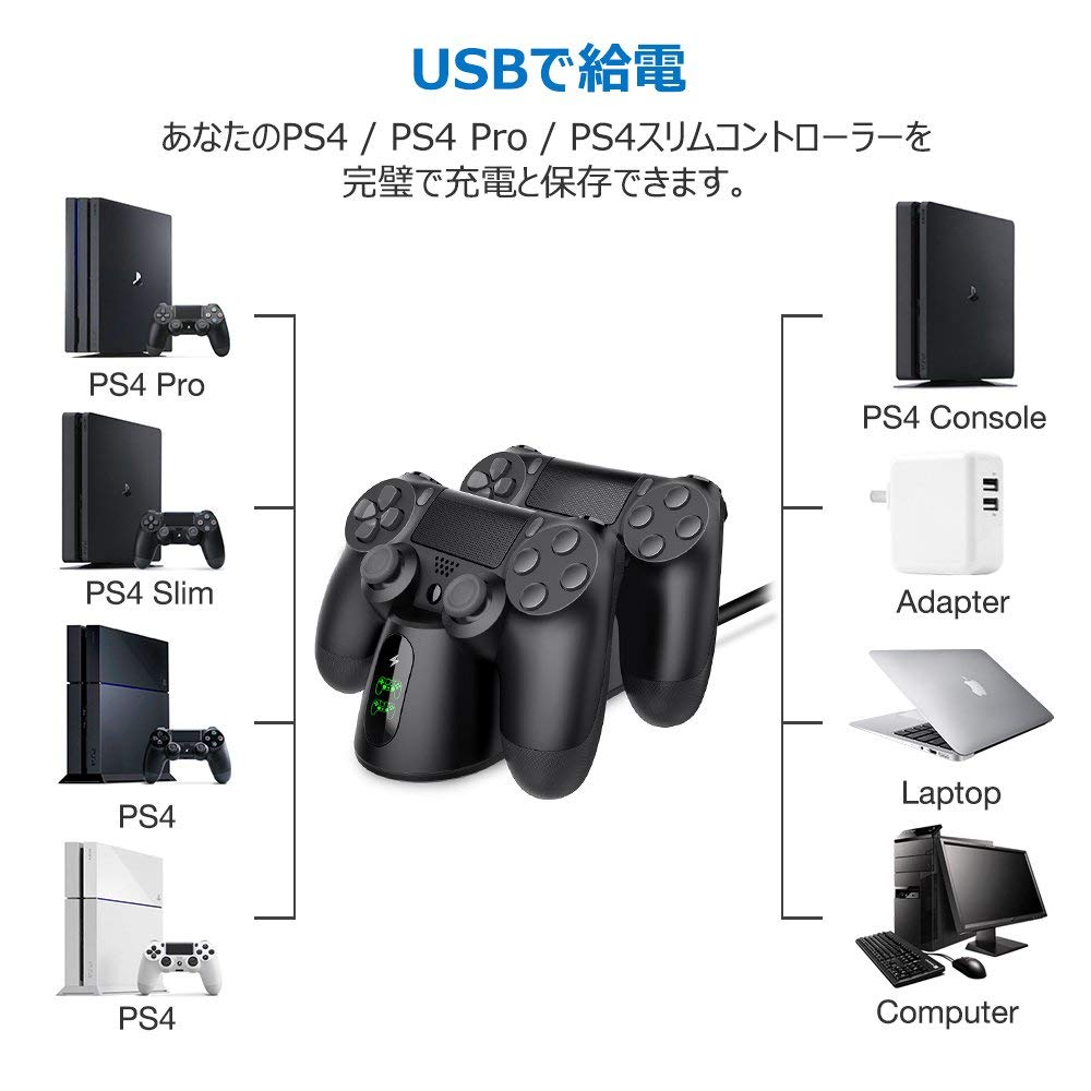 PS4/PS4 Pro/PS4 Slim コントローラー 充電 スタンド BEBONCOOL PS4 充電 DS4 充電器 ２台同時充電可能 DUALSHOCK4 充電 LED 指示ランプ付き (ブラック)