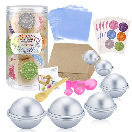 Caydo 176 Pieces DIY Bath Bomb Molds Set with Instructions Including 12 Pieces 3 Size DIY Metal Bath Bomb Molds Spoons Wrapping papers Shrink Wrap Bags for Crafting Your Own Fizzies