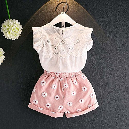 Happy Town 2PCS Set Toddler Kids Baby Girls Outfits Clothes T-Shirt Vest Tops+Shorts Pants(2-6 T)